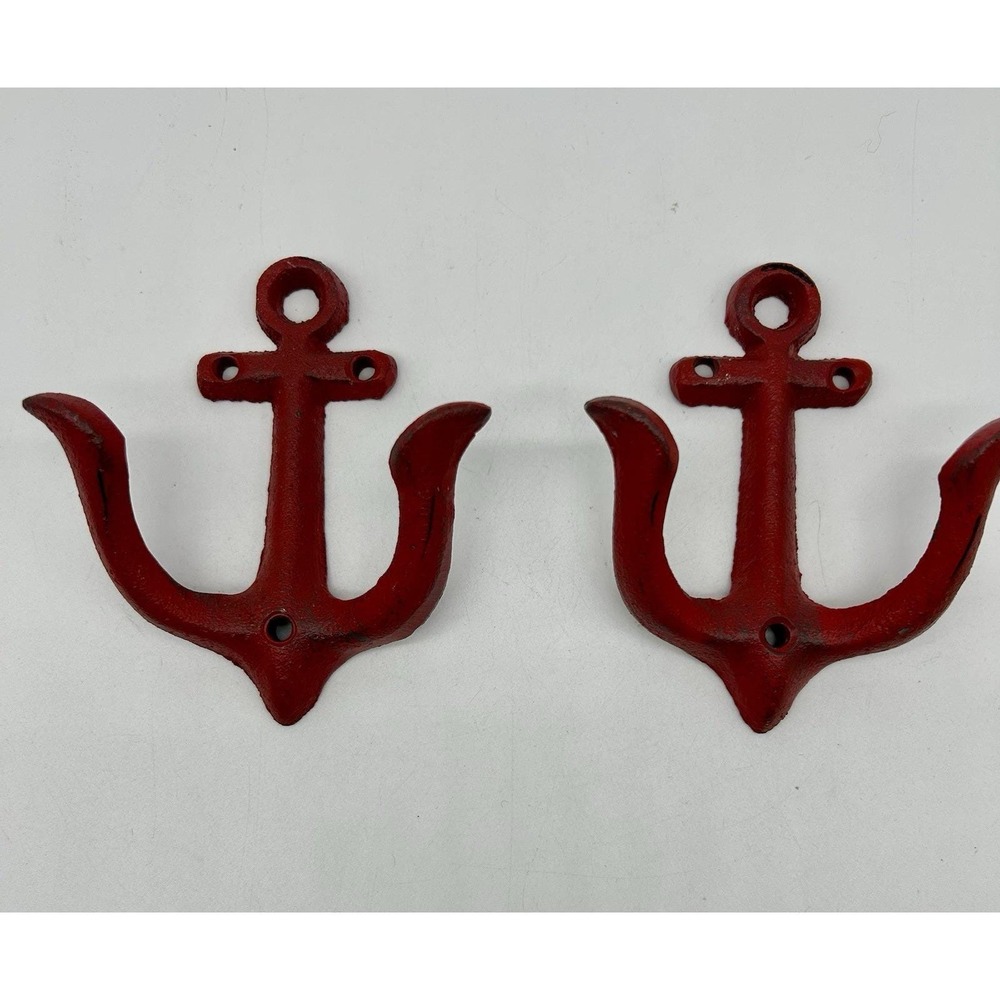 Red Anchor Metal Rustic Wall Hooks Nautical Hanger Coat Jacket Towel Set Of 2